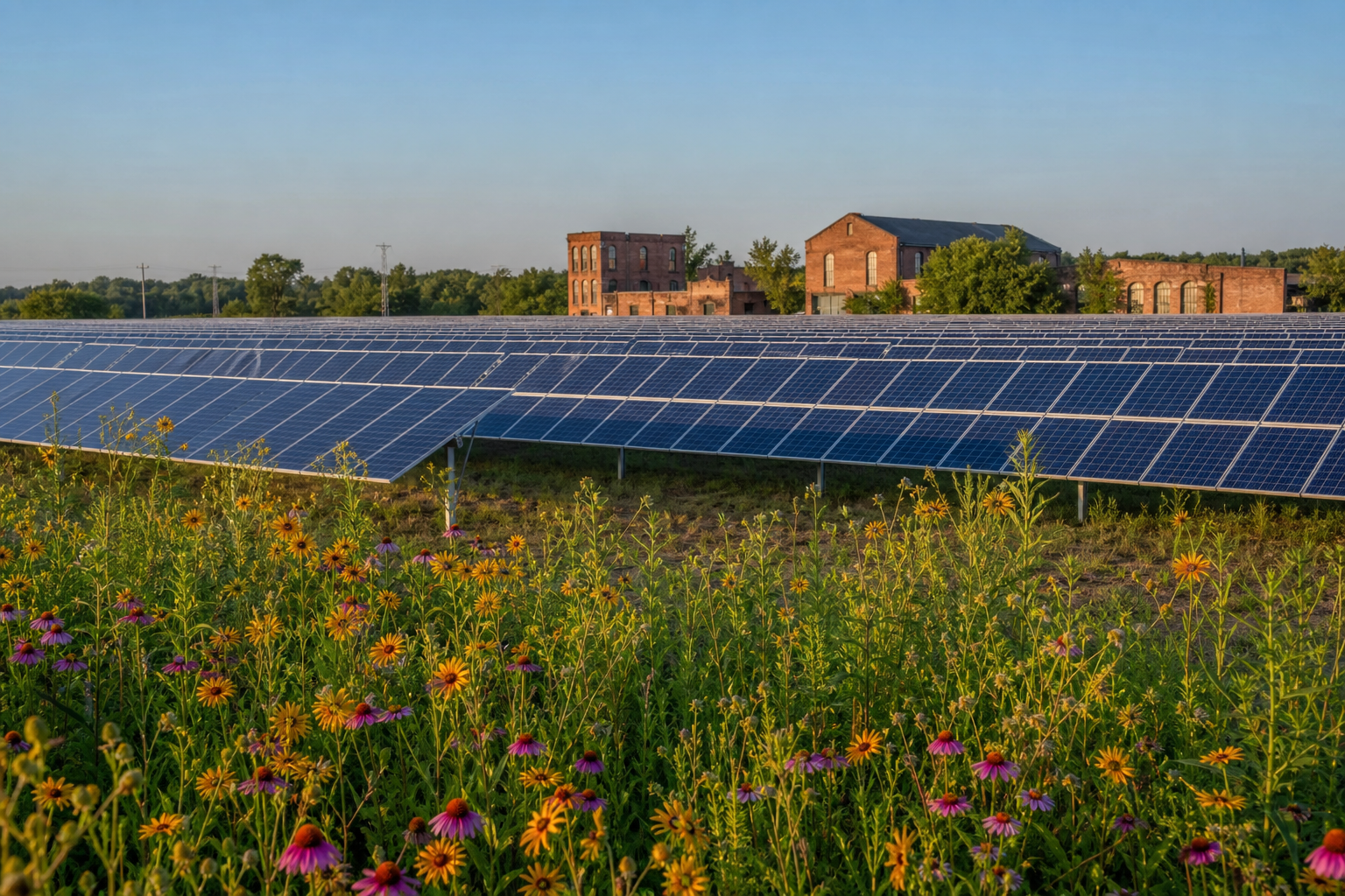 Solar panels and native flowers on a restored industrial site