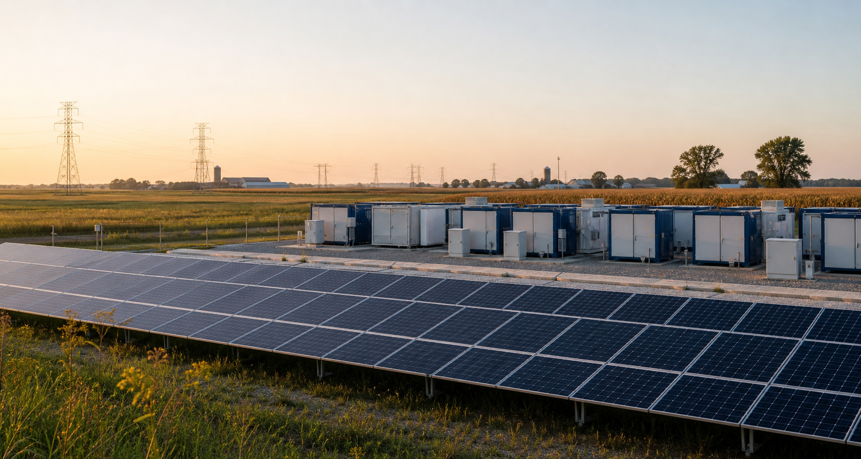 Solar panels, battery storage and transmission lines across an Indiana landscape
