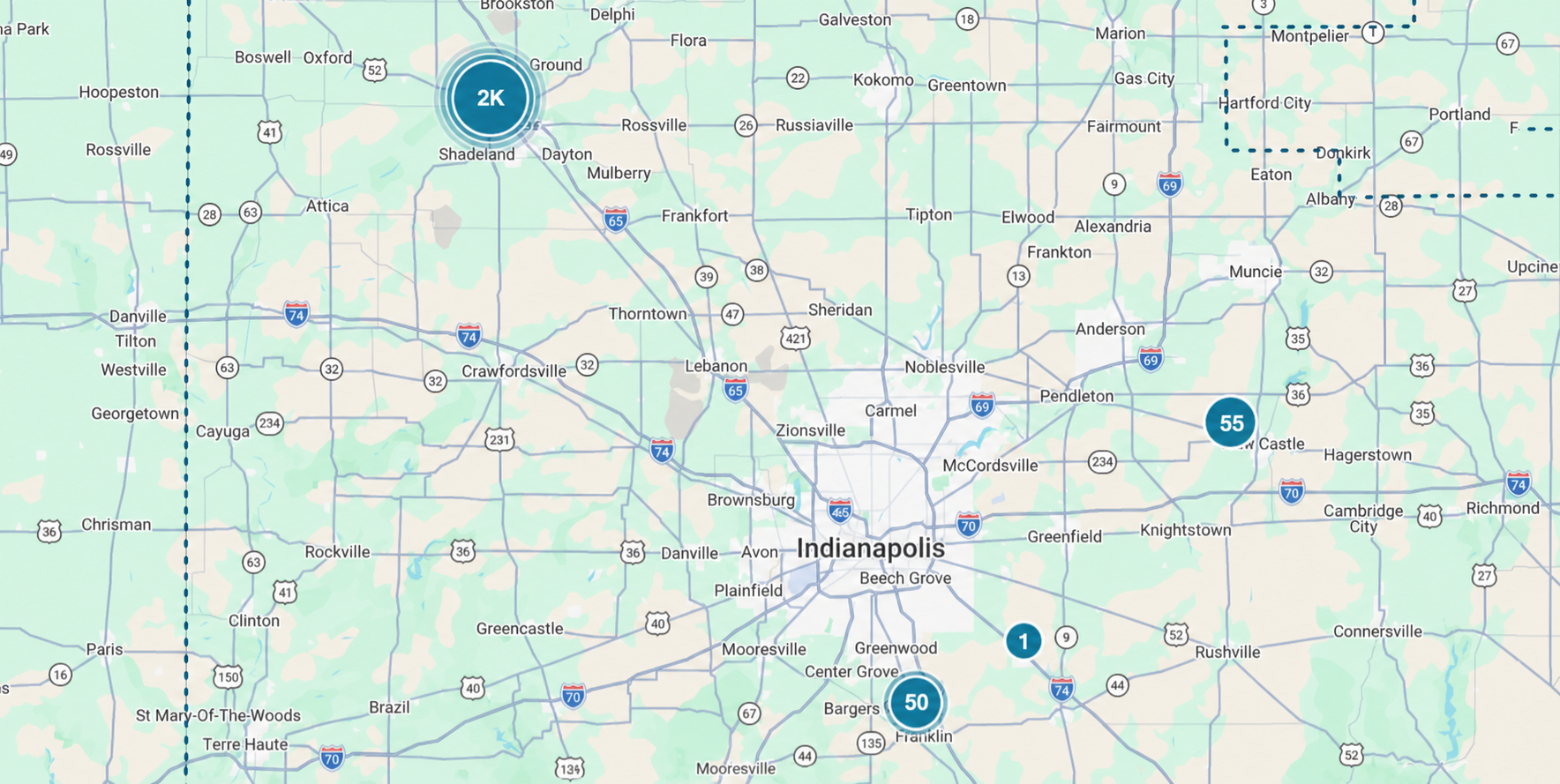 Indiana outage map centered on Indianapolis with active outage markers