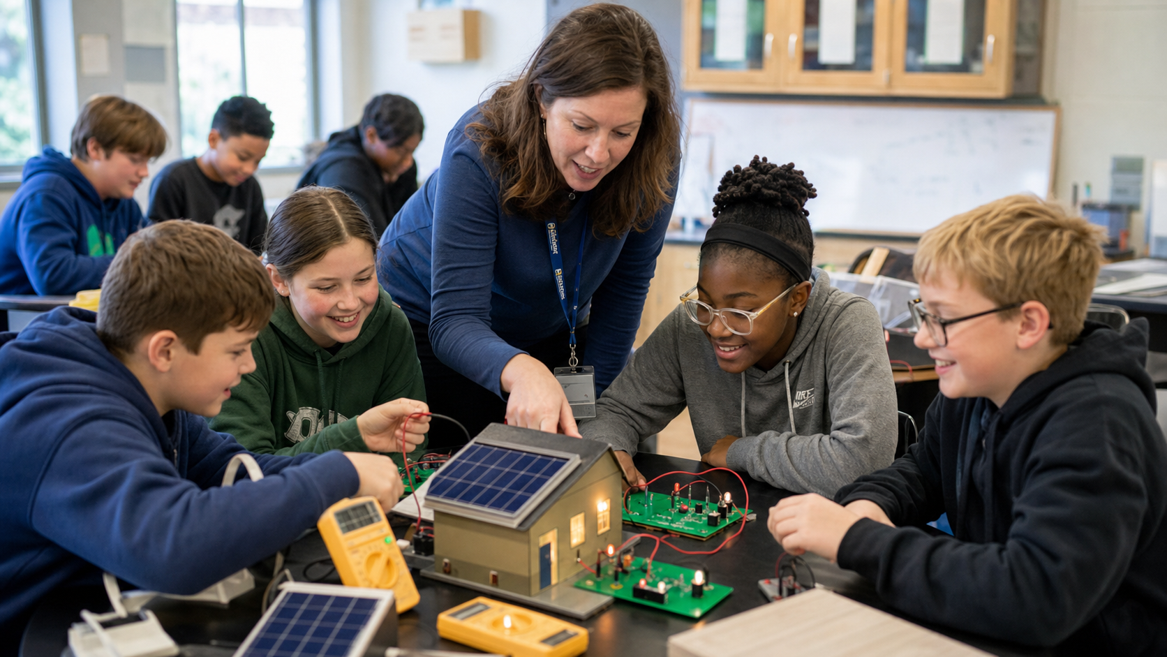 Students learning about solar energy and circuits in a classroom