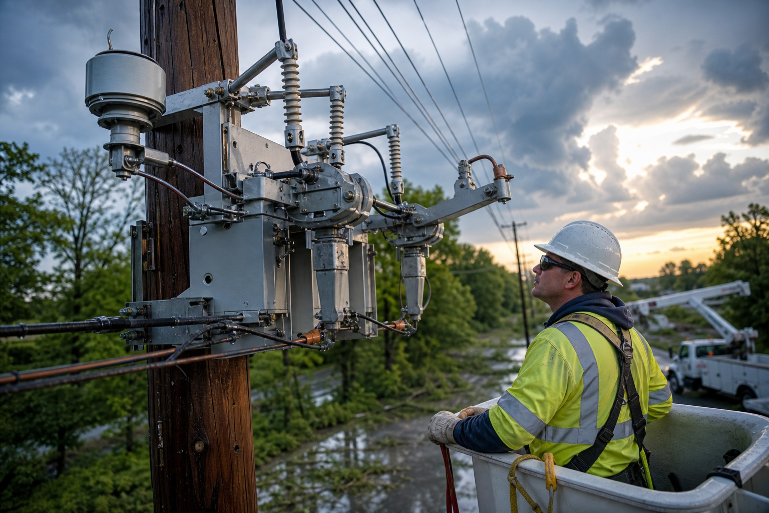 Lineworker inspecting automated distribution equipment after a storm